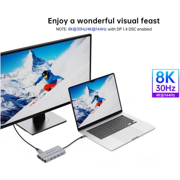 Docking Station MST USB 3.2 Gen 2 10-in-1, HDMI 4K 60Hz, DisplayPort 8K 30Hz, GbE 1000Mbps, USB-C 10Gbps x 3, USB-A 480Mbps x 2, 3.5mm Audio, 100W USB PD 12