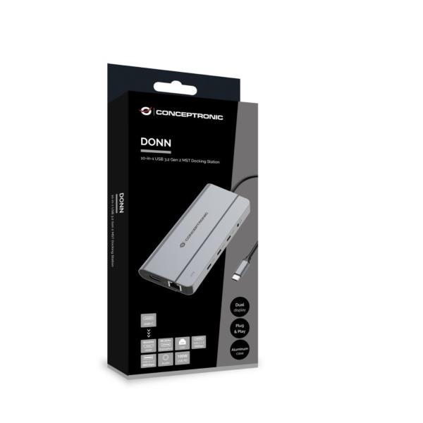 Docking Station MST USB 3.2 Gen 2 10-in-1, HDMI 4K 60Hz, DisplayPort 8K 30Hz, GbE 1000Mbps, USB-C 10Gbps x 3, USB-A 480Mbps x 2, 3.5mm Audio, 100W USB PD 3