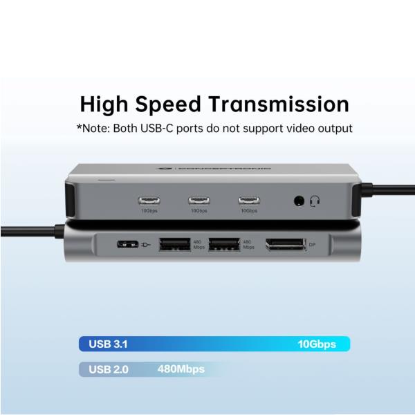 Docking Station MST USB 3.2 Gen 2 10-in-1, HDMI 4K 60Hz, DisplayPort 8K 30Hz, GbE 1000Mbps, USB-C 10Gbps x 3, USB-A 480Mbps x 2, 3.5mm Audio, 100W USB PD 4