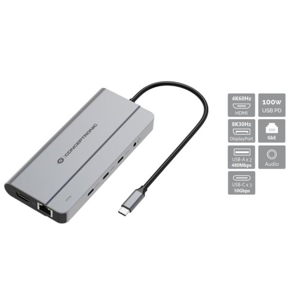 Docking Station MST USB 3.2 Gen 2 10-in-1, HDMI 4K 60Hz, DisplayPort 8K 30Hz, GbE 1000Mbps, USB-C 10Gbps x 3, USB-A 480Mbps x 2, 3.5mm Audio, 100W USB PD 6