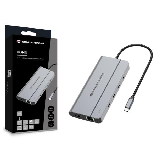 Docking Station MST USB 3.2 Gen 2 10-in-1, HDMI 4K 60Hz, DisplayPort 8K 30Hz, GbE 1000Mbps, USB-C 10Gbps x 3, USB-A 480Mbps x 2, 3.5mm Audio, 100W USB PD 7