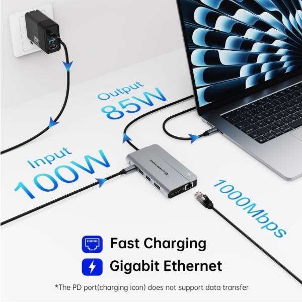 Docking Station MST USB 3.2 Gen 2 10-in-1, HDMI 4K 60Hz, DisplayPort 8K 30Hz, GbE 1000Mbps, USB-C 10Gbps x 3, USB-A 480Mbps x 2, 3.5mm Audio, 100W USB PD 8