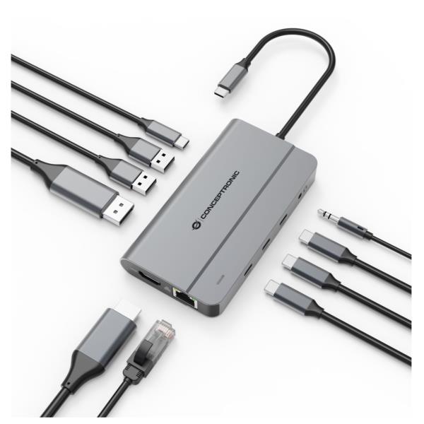 Docking Station MST USB 3.2 Gen 2 10-in-1, HDMI 4K 60Hz, DisplayPort 8K 30Hz, GbE 1000Mbps, USB-C 10Gbps x 3, USB-A 480Mbps x 2, 3.5mm Audio, 100W USB PD 10