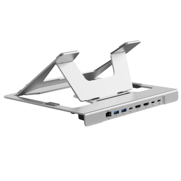 SUPPORTO PER LAPTOP con Docking Station USB-C MST 7-in-1, Dual HDMI 4K60Hz, USB PD 100W, USB-C 5Gbps, 2x USB-A 5Gbps, GbE 2