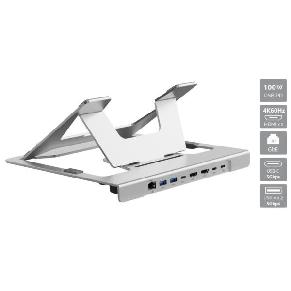 SUPPORTO PER LAPTOP con Docking Station USB-C MST 7-in-1, Dual HDMI 4K60Hz, USB PD 100W, USB-C 5Gbps, 2x USB-A 5Gbps, GbE 5