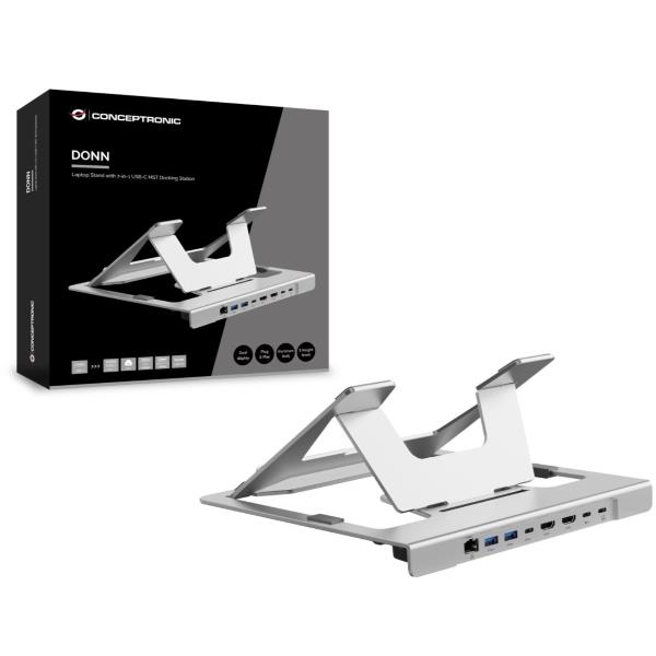 SUPPORTO PER LAPTOP con Docking Station USB-C MST 7-in-1, Dual HDMI 4K60Hz, USB PD 100W, USB-C 5Gbps, 2x USB-A 5Gbps, GbE 6