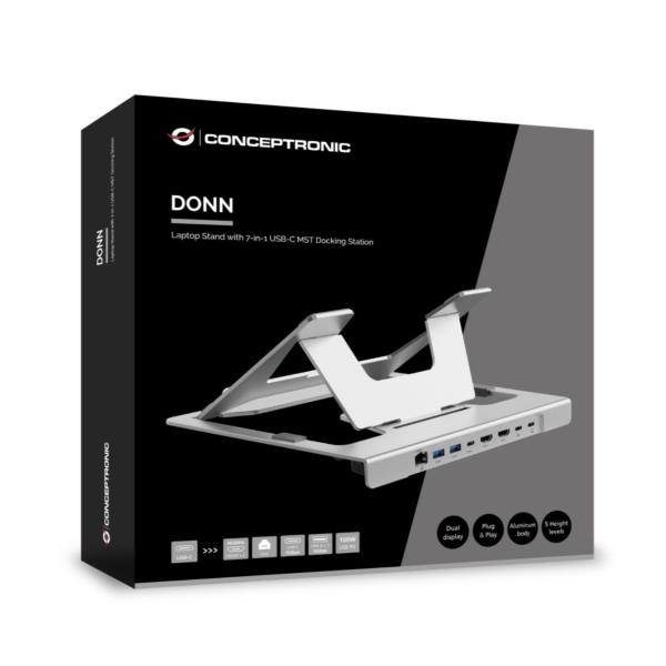 SUPPORTO PER LAPTOP con Docking Station USB-C MST 7-in-1, Dual HDMI 4K60Hz, USB PD 100W, USB-C 5Gbps, 2x USB-A 5Gbps, GbE 7