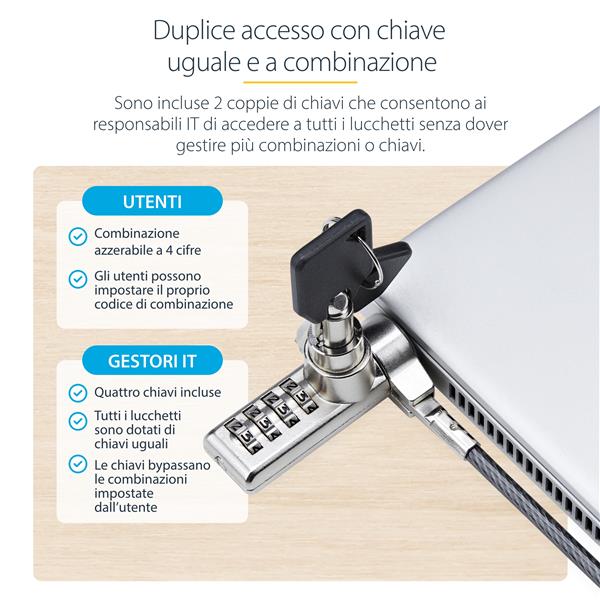 Cavo di Sicurezza per Notebook a duplice accesso da 2m, con chiave identica e a combinazione per dispositivi K-Slot, cavo d'acciaio antifurto per laptop 12