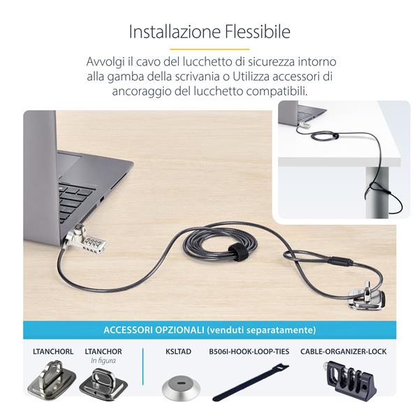Cavo di Sicurezza per Notebook a duplice accesso da 2m, con chiave identica e a combinazione per dispositivi K-Slot, cavo d'acciaio antifurto per laptop 4