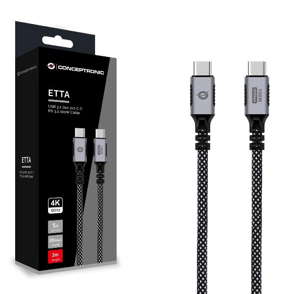 CAVO USB 3.2 GEN 2x2 C-C PD 3.0 100W, 20V 5A, 20Gbps, 4K60Hz, E-Mark, 2m 4