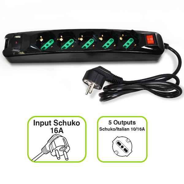 NEO POWER CLEANER 5: INGRESSO SCHUKO - 5 USCITE ITALIA/SCHUKO - 1 PORTA USB-A - 1 PORTA USB-C - TOGETHER ON