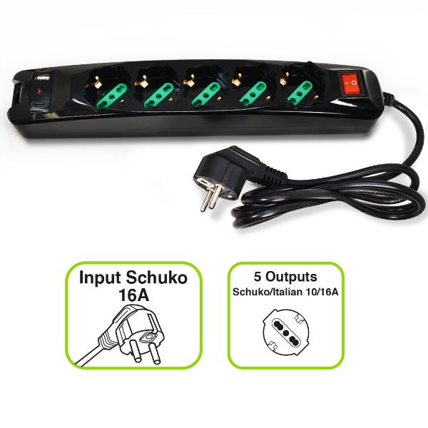 POWER CLEANER 5: INGRESSO SCHUKO - 5 USCITE ITALIA/SCHUKO - 1 PORTA USB-A - 1 PORTA USB-C - TOGETHER ON 2