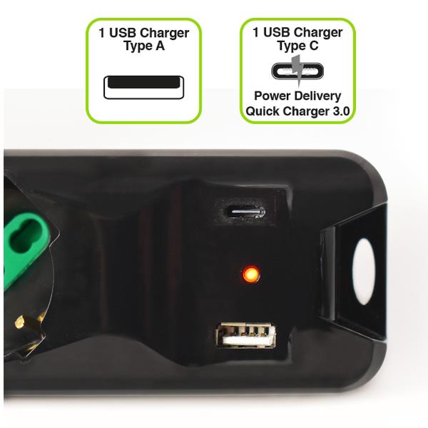 POWER CLEANER 5: INGRESSO SCHUKO - 5 USCITE ITALIA/SCHUKO - 1 PORTA USB-A - 1 PORTA USB-C - TOGETHER ON 3