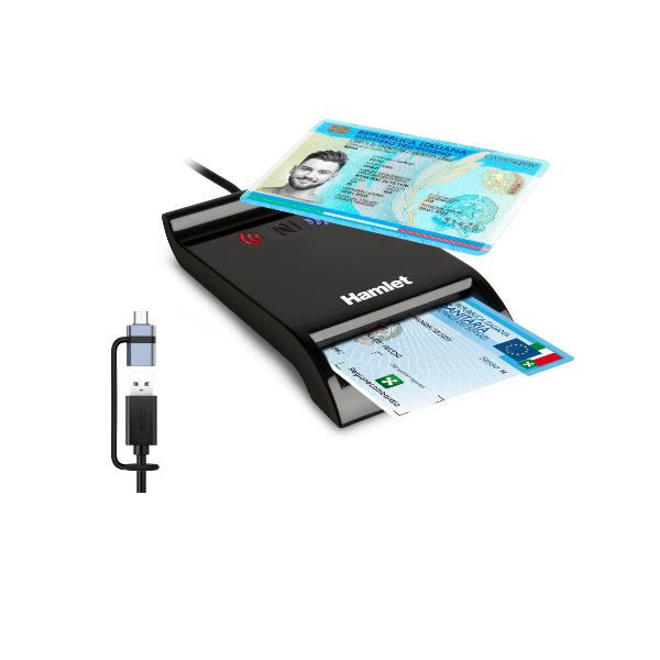 HAMLET HUSCR-NFCX Lettore USB-A + USB-C di Smart Card a Contatto e Wireless NFC Carta Identità CIE 3.0, CNS, TS