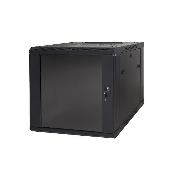 ARMADIO RACK 19" 6 UNITA' DA MURO (A) 370 x (L) 600 x (P) 450 NERO DISASSEMBLATO PORTA VETRO 6