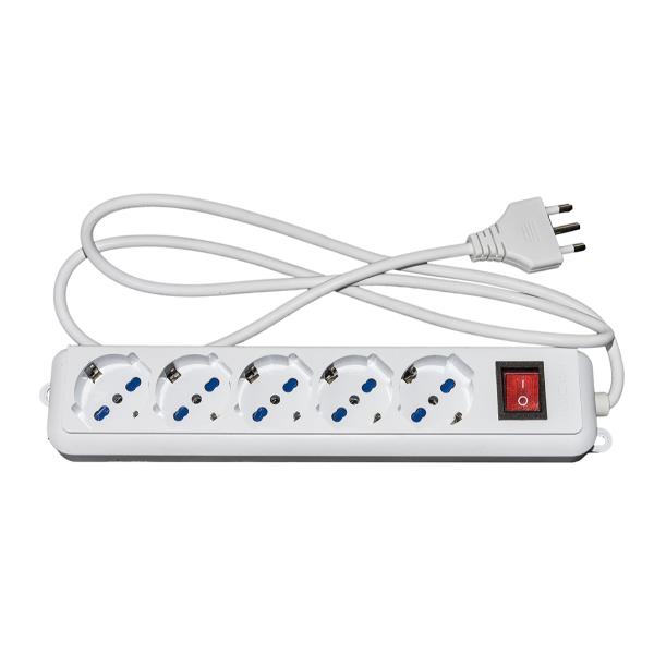 NEO MULTIPRESA 5 PRESE UNIVERSALI ITA/SCHUKO 10/16 A - SPINA 16 A CON INTERRUTTORE BIANCA CON PROTEZIONE CONTRO SOVRACCARICHI