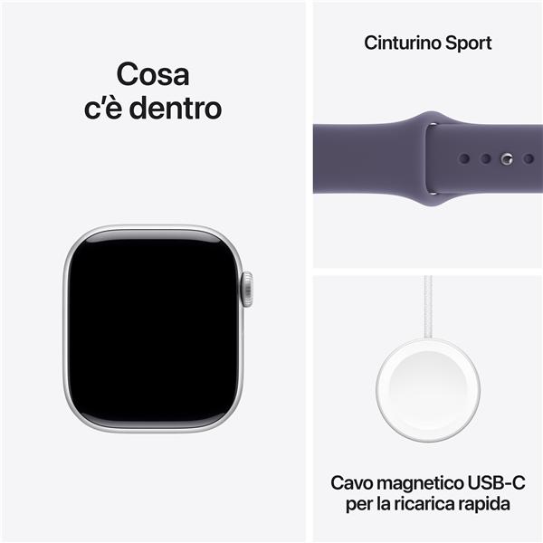 Apple Watch Series 11 GPS, Cassa 42 mm in alluminio color argento con Cinturino Sport viola nebbia - S/M 8
