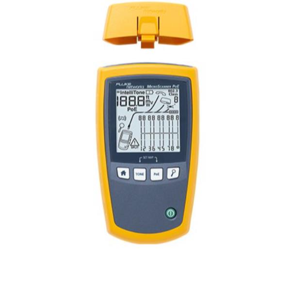 FLUKE NETWORKS MS-POE MicroScanner PoE Verifier with MS-POE Wiremap Adapter, multi-language Getting Started Guide, batteries, and Fluke Networks carry Pouch