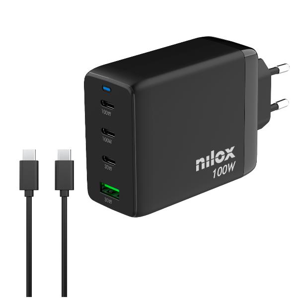 NILOX TECH - Caricabatteria da rete, tecnologia GaN, potenza massima 100 Watt, 4 porte totali, cavo USB-C a USB-C incluso, lunghezza cavo 2 metri, protezioni da cortocircuito 3