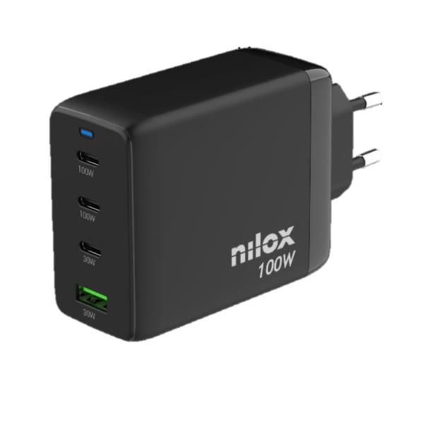 NILOX TECH - Caricabatteria da rete, tecnologia GaN, potenza massima 100 Watt, 4 porte totali, cavo USB-C a USB-C incluso, lunghezza cavo 2 metri, protezioni da cortocircuito 4