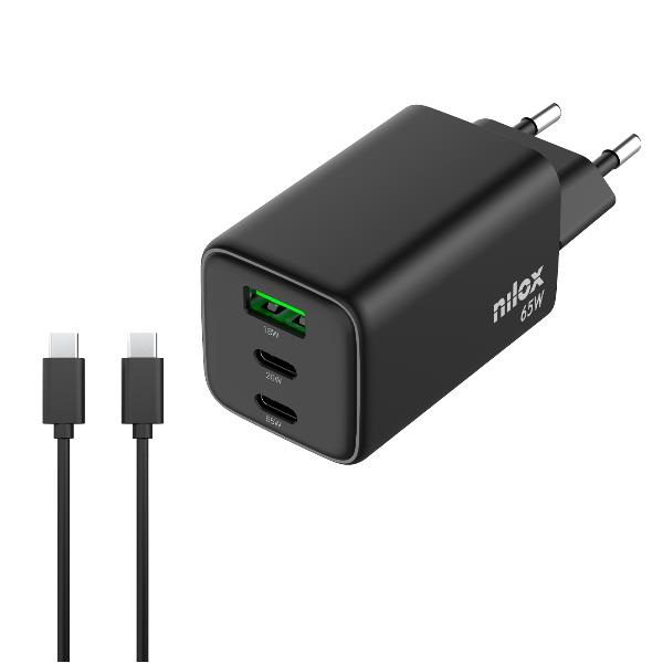 NILOX PC COMPONENTS NILOX TECH - Caricabatteria da rete, tecnologia GaN, potenza massima 65 Watt, 3 porte totali, cavo USB-C a USB-C incluso, lunghezza cavo 2 metri, protezioni da cortocircuito