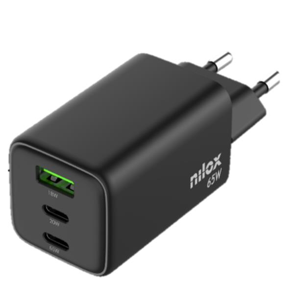 NILOX TECH - Caricabatteria da rete, tecnologia GaN, potenza massima 65 Watt, 3 porte totali, cavo USB-C a USB-C incluso, lunghezza cavo 2 metri, protezioni da cortocircuito 2