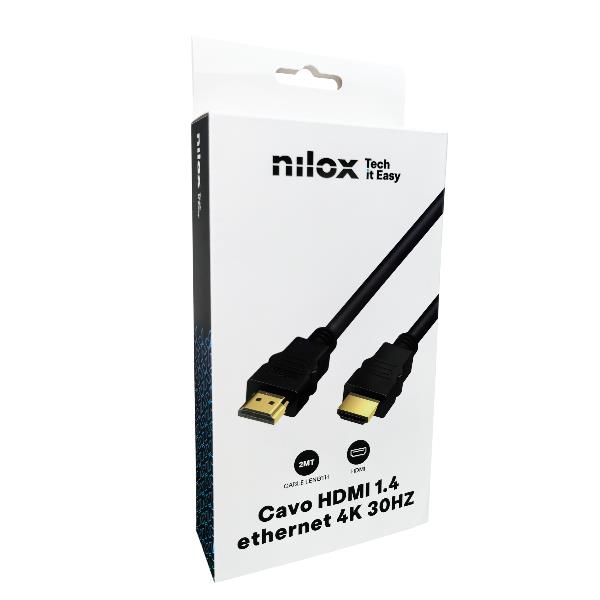 NILOX TECH - Cavo con connettore HDMI 1.4, Ethernet 4k, 30 Hz 30AWG, lunghezza cavo 2 mt, connettori maschio e maschio, Supporto Audio Return Channel (Retail pack) 2