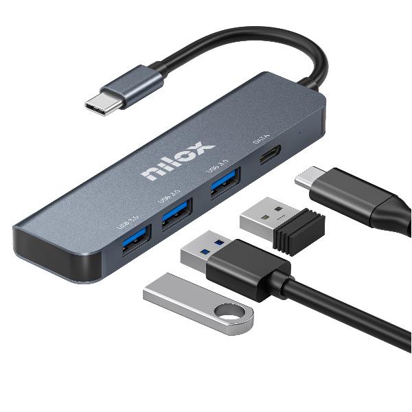 NILOX PC COMPONENTS NILOX TECH - Hub con 4 porte, 3 porte USB-A 3.0, porta USB-C, velocità fino a 5 Gbps, connettore USB-C output