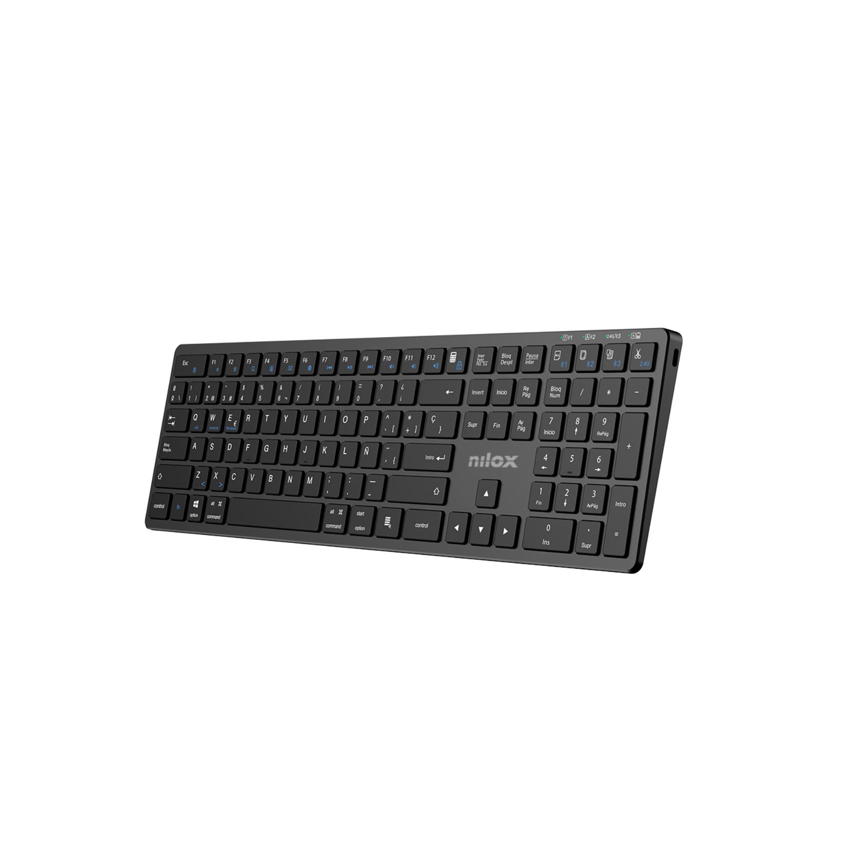 NILOX PC COMPONENTS NILOX TECH - Tastiera connessione wireless DUAL (BT 5.2 e Dongle 2.4GHZ), ricaricabile tramite porta USB-C, cavo incluso, 110 tasti, layout italiano, connessione simultanea