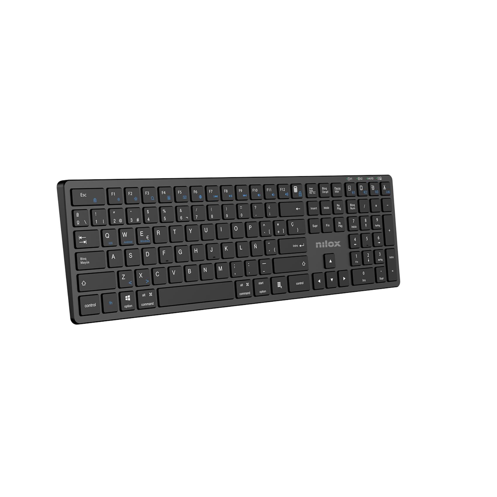 NILOX TECH - Tastiera connessione wireless DUAL (BT 5.2 e Dongle 2.4GHZ), ricaricabile tramite porta USB-C, cavo incluso, 110 tasti, layout italiano, connessione simultanea 4
