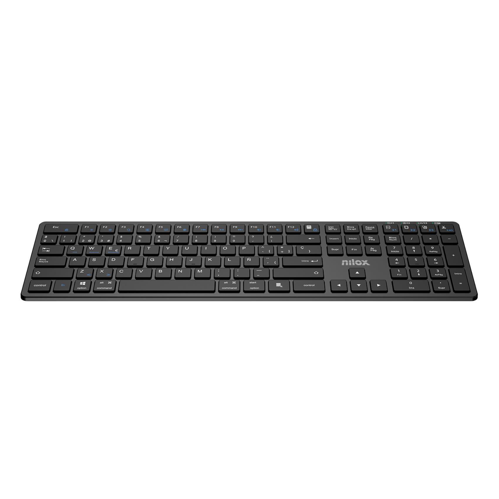 NILOX TECH - Tastiera connessione wireless DUAL (BT 5.2 e Dongle 2.4GHZ), ricaricabile tramite porta USB-C, cavo incluso, 110 tasti, layout italiano, connessione simultanea 5