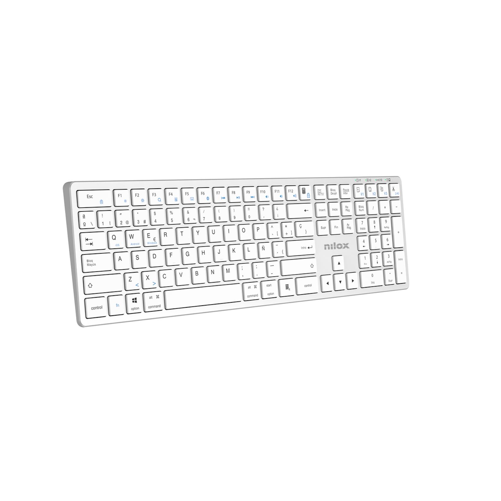 NILOX TECH - Tastiera connessione wireless DUAL (BT 5.2 e Dongle 2.4GHZ), ricaricabile tramite porta USB-C, cavo incluso, 110 tasti, layout italiano, connessione simultanea 4