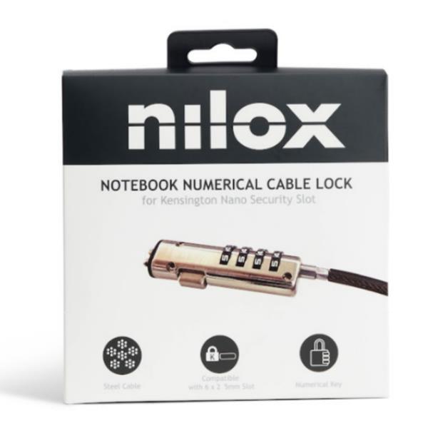 NILOX TECH - Lucchetto a combinazione, slot Kensington Nano da 6,25 mm, lunghezza cavo 1.9 mt, materiale acciaio, combinazione riconfigurabile a 4 cifre 4