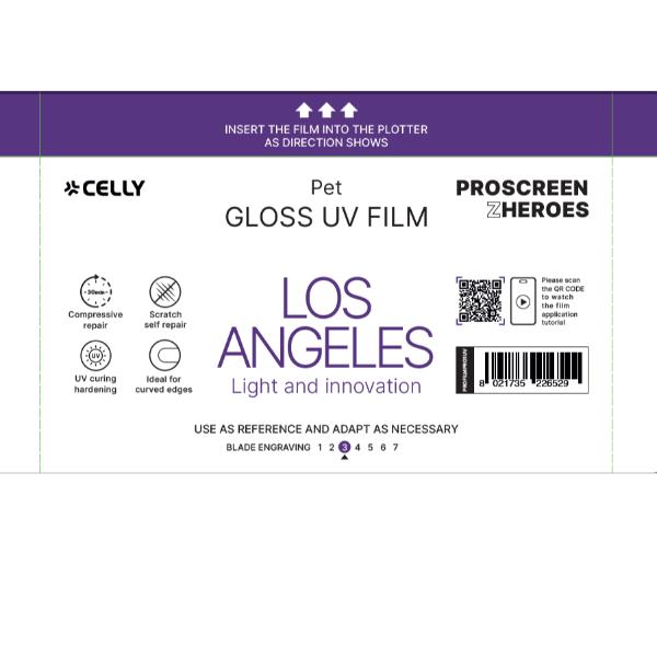 CELLY PROFILMPRO GLOSSY UV - Pellicola trasparente lucida UV da 20 pezzi con auto riparazione compatibile con il plotter ProScreenPro - LOS ANGELES (PROSCREEN ZHEROES)