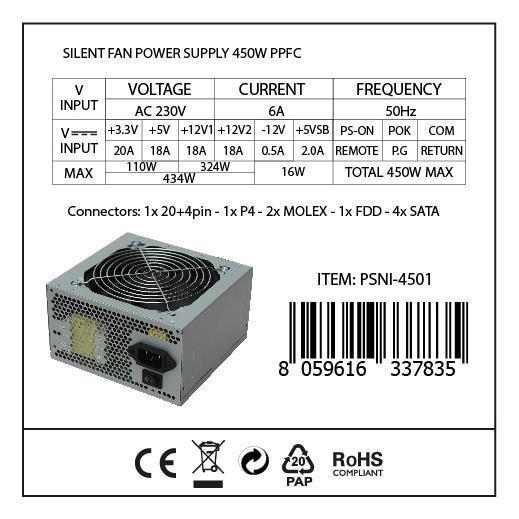 NILOX TECH - Alimentatore da assemblaggio, potenza massima 450 Watt, protetto contro cortocircuiti, sovraccarichi e surriscaldamenti, ventola di raffreddamento 2