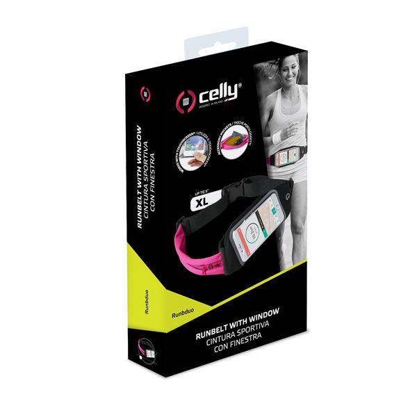 RUNBDUO - Cintura elastica regolabile ultra leggera, tasca interna porta smartphone, finestra trasparente per utilizzo touch, auricolari stereo jack 3,5mm, compatibili device 5" 5