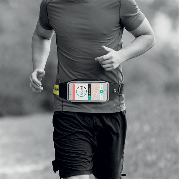 RUNBDUO - Cintura elastica regolabile ultra leggera, tasca interna porta smartphone, finestra trasparente per utilizzo touch, auricolari stereo jack 3,5mm, compatibili device 5" 5