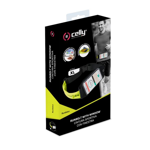 RUNBDUO - Cintura elastica regolabile ultra leggera, tasca interna porta smartphone, finestra trasparente per utilizzo touch, auricolari stereo jack 3,5mm, compatibili device 5" 7