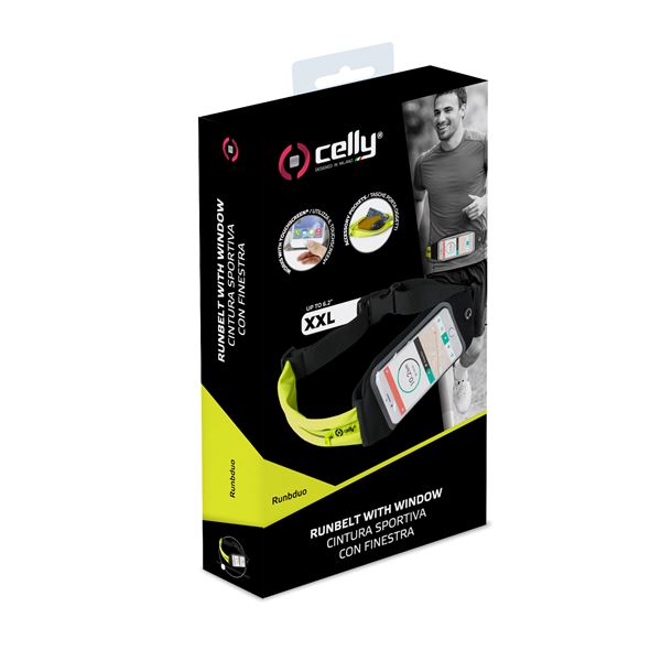 RUNBDUO - Cintura elastica regolabile ultra leggera, tasca interna porta smartphone, finestra trasparente per utilizzo touch, auricolari stereo jack 3,5mm, compatibili device 6.5" 5