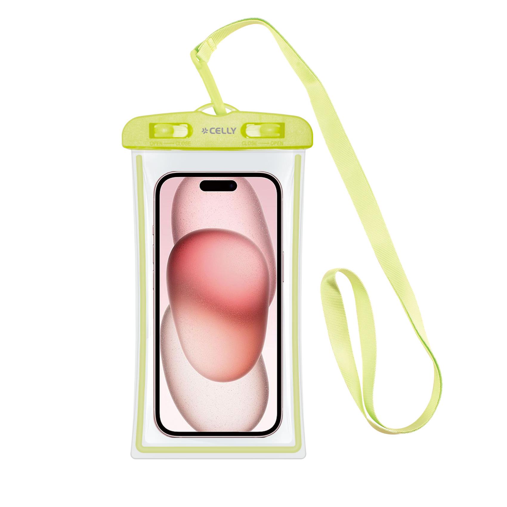 CELLY SPLASHBAG24 - Custodia impermeabile per smartphone fino a 7" dimensione display, design trasparente, chiusura ermetica, laccio a collo incluso
