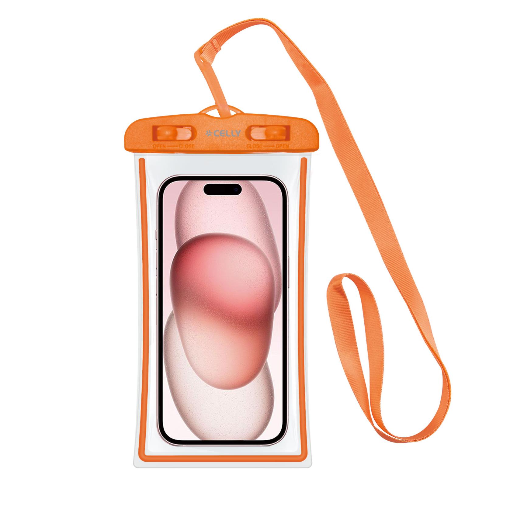 CELLY SPLASHBAG24 - Custodia impermeabile per smartphone fino a 7" dimensione display, design trasparente, chiusura ermetica, laccio a collo incluso