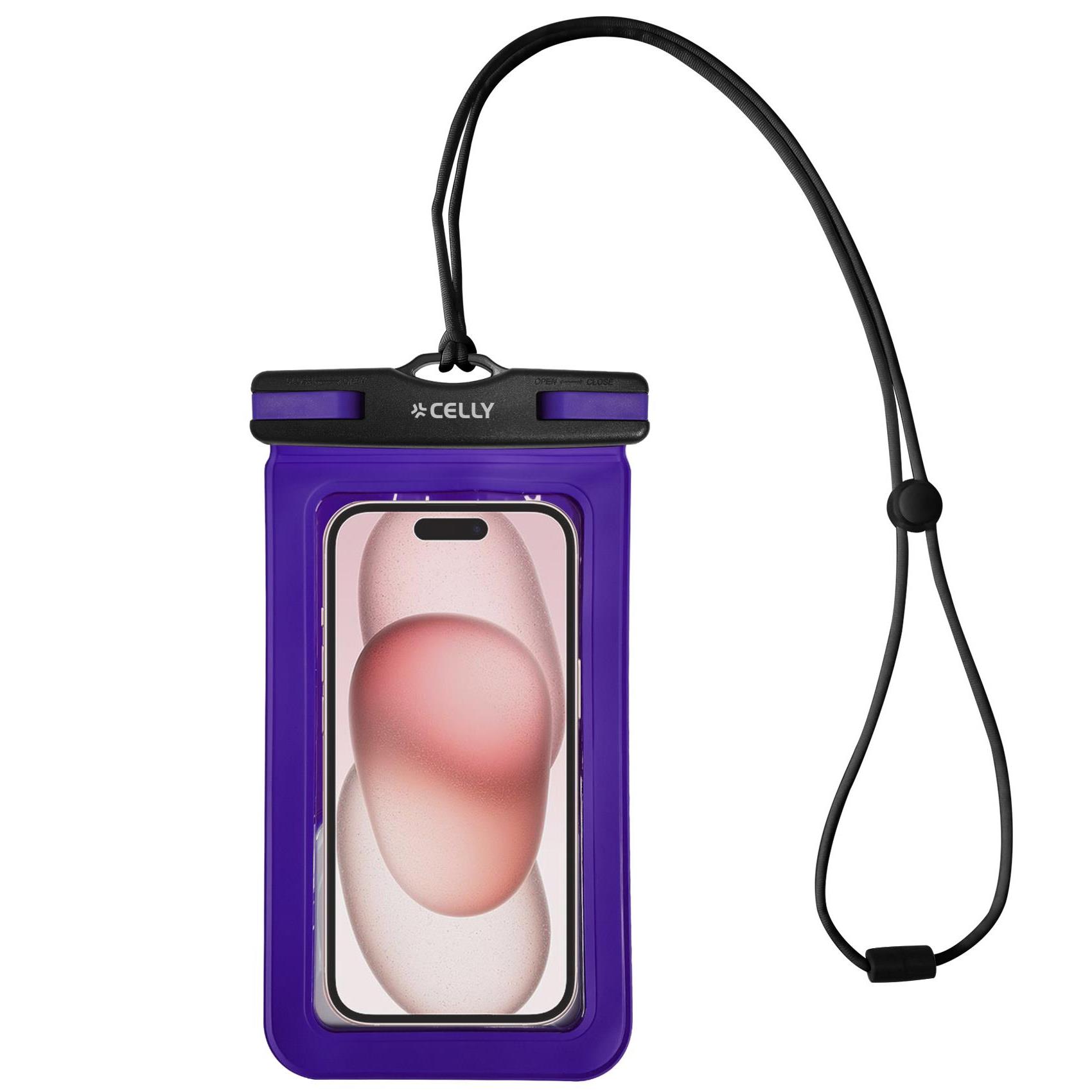 CELLY SPLASHBAG24 - Custodia impermeabile per smartphone fino a 7" dimensione display, design trasparente, chiusura ermetica, laccio a collo incluso