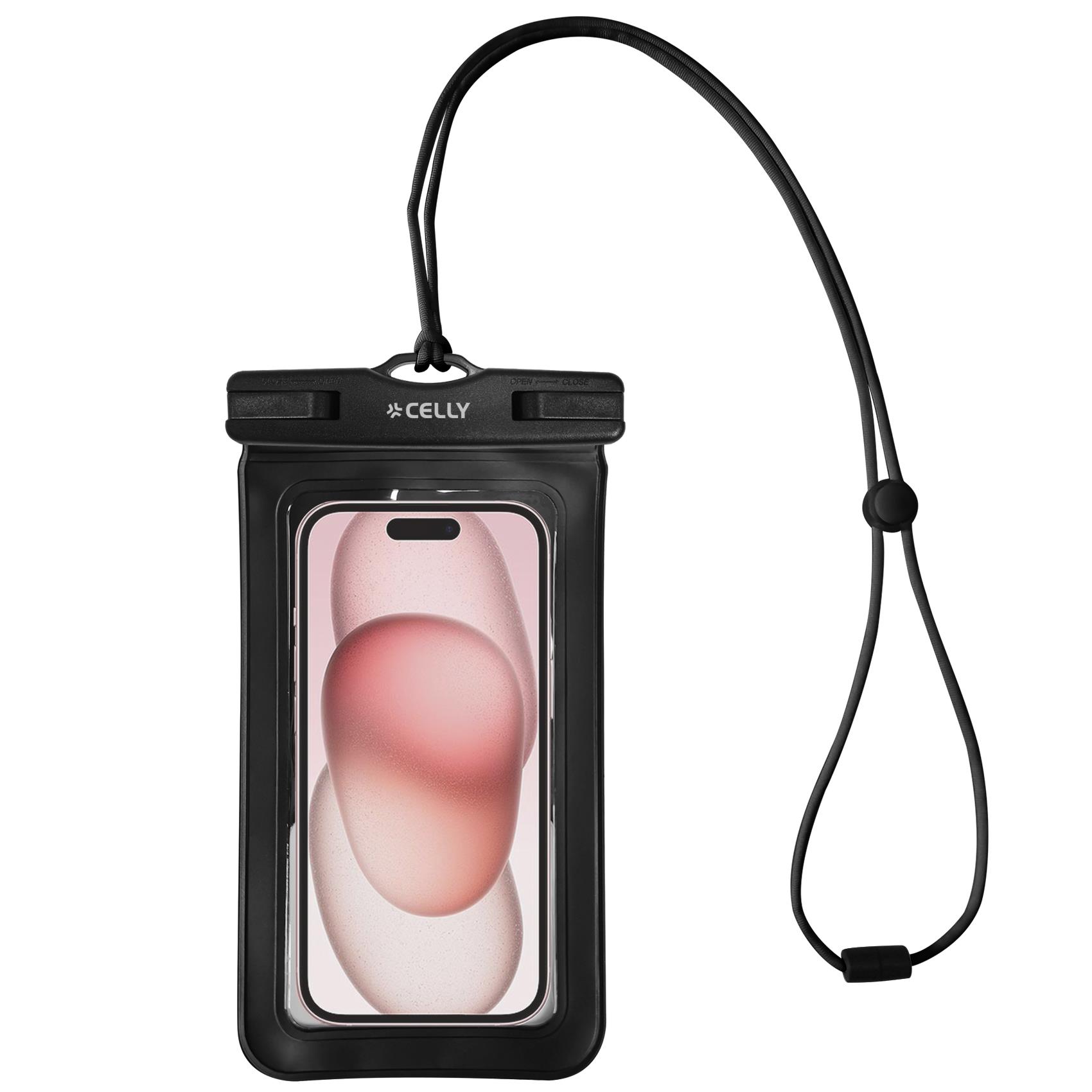 CELLY SPLASHBAG25 - Custodia impermeabile per smartphone fino a 7" dimensione display, design trasparente, chiusura ermetica, laccio a collo incluso