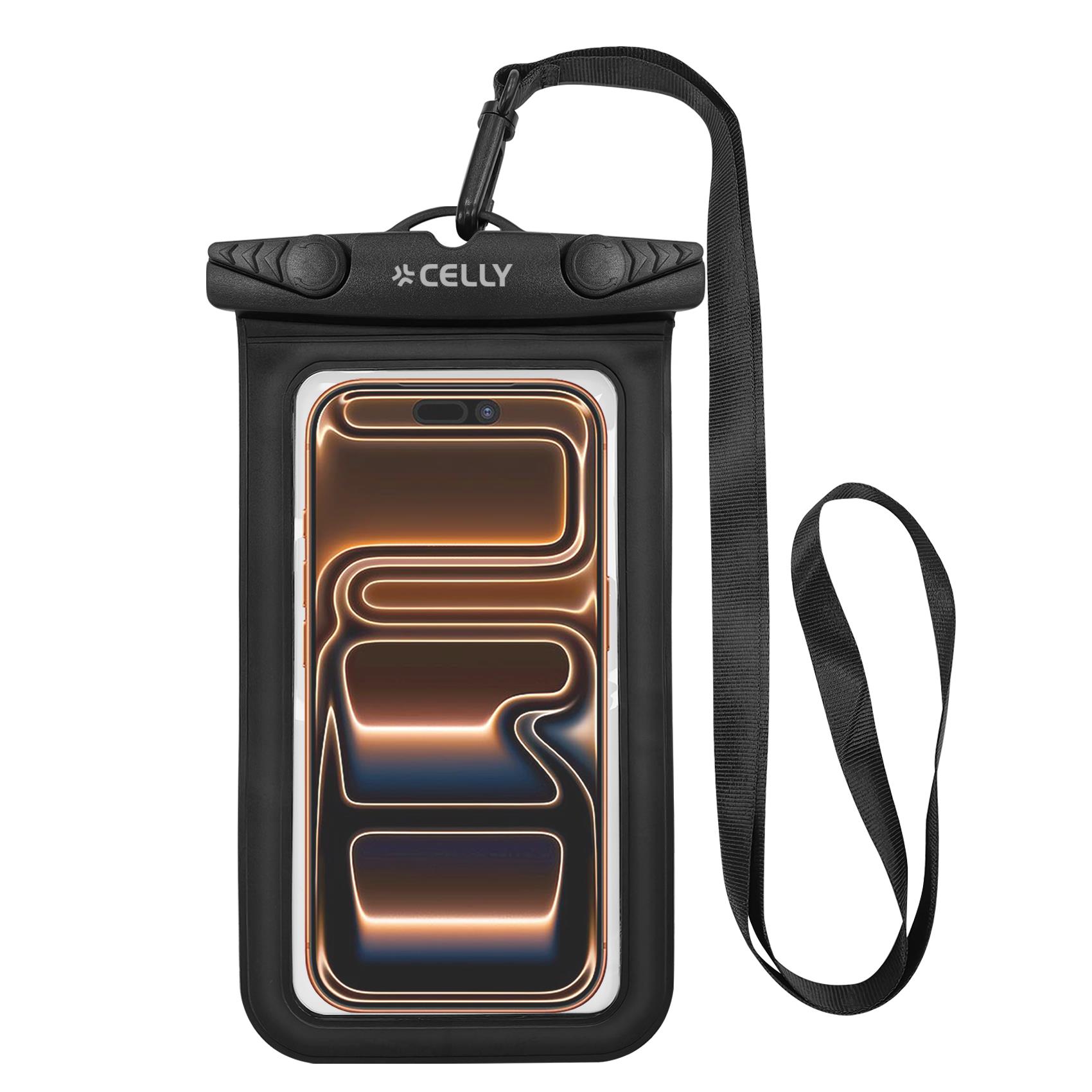 CELLY SPLASHBAG26 - Custodia impermeabile per smartphone fino a 7" dimensione display, design trasparente, chiusura ermetica, laccio a collo incluso
