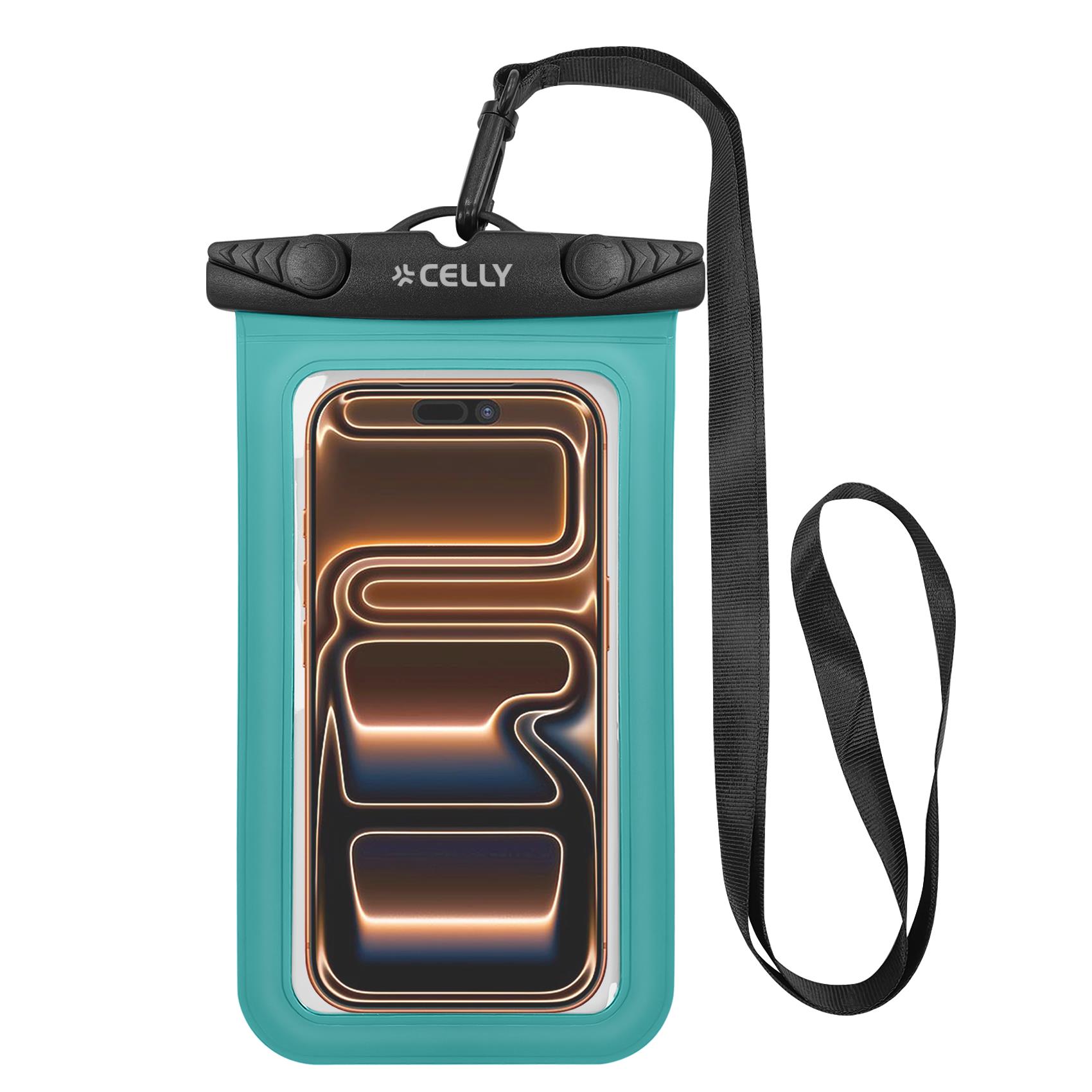CELLY SPLASHBAG26 - Custodia impermeabile per smartphone fino a 7" dimensione display, design trasparente, chiusura ermetica, laccio a collo incluso