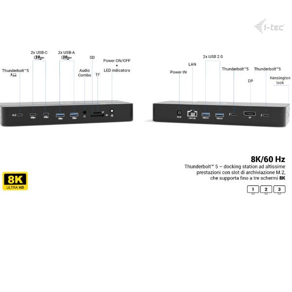 I-TEC THUNDERBOLT 5 Triplo Display, PD140W con alimentatore, Slot M.2 NVMe per espandere lo storage fino a 7000 MB/s 5