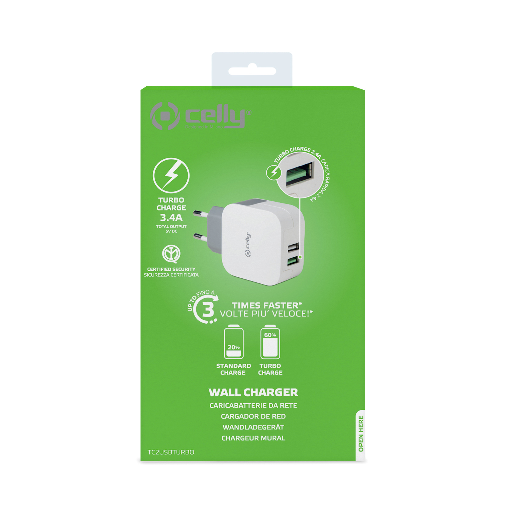 CELLY TC2USBTURBO - 17W 2 USB-A Wall Charger [TURBO]