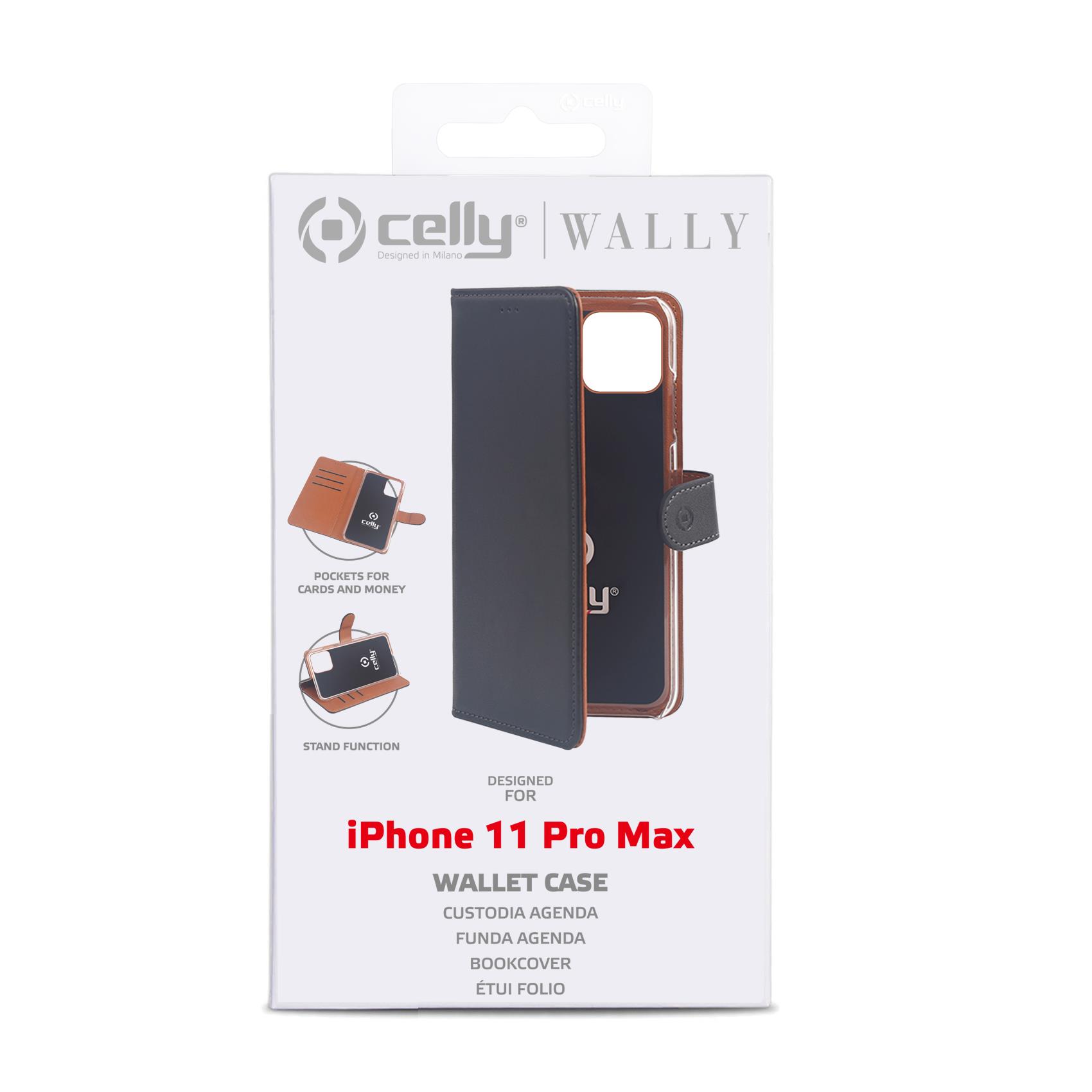 CELLY WALLY - Custodia a libro in pelle sintetica con chiusura flap magnetico, slot per carte e funzione stand colore nero compatibile con Apple iPhone 11 Pro Max