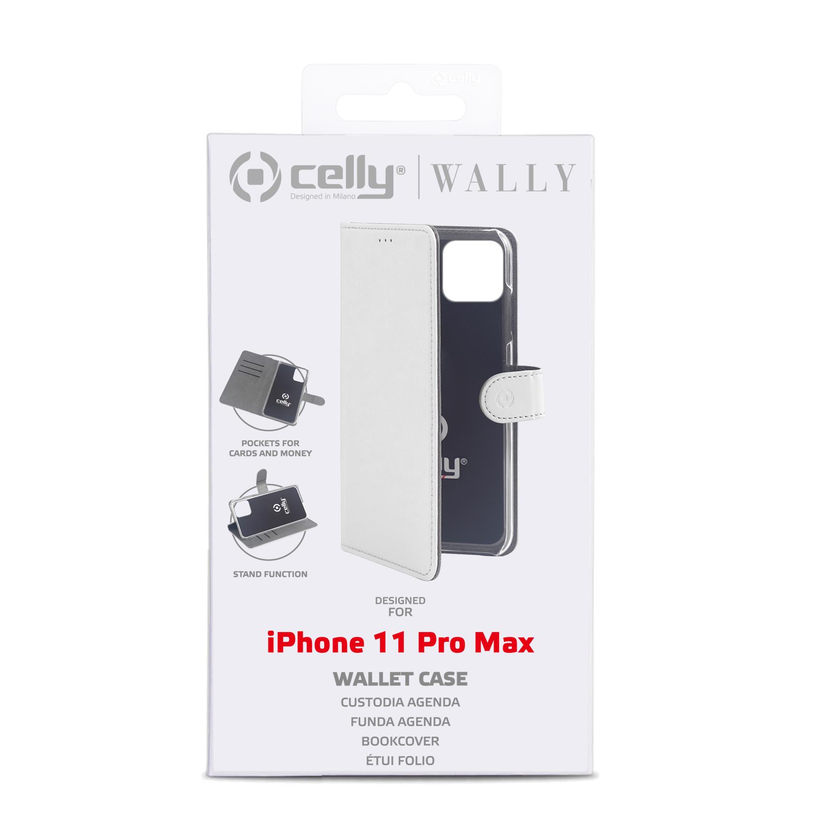 CELLY WALLY - Custodia a libro in pelle sintetica con chiusura flap magnetico, slot per carte e funzione stand colore bianco compatibile con Apple iPhone 11 Pro Max