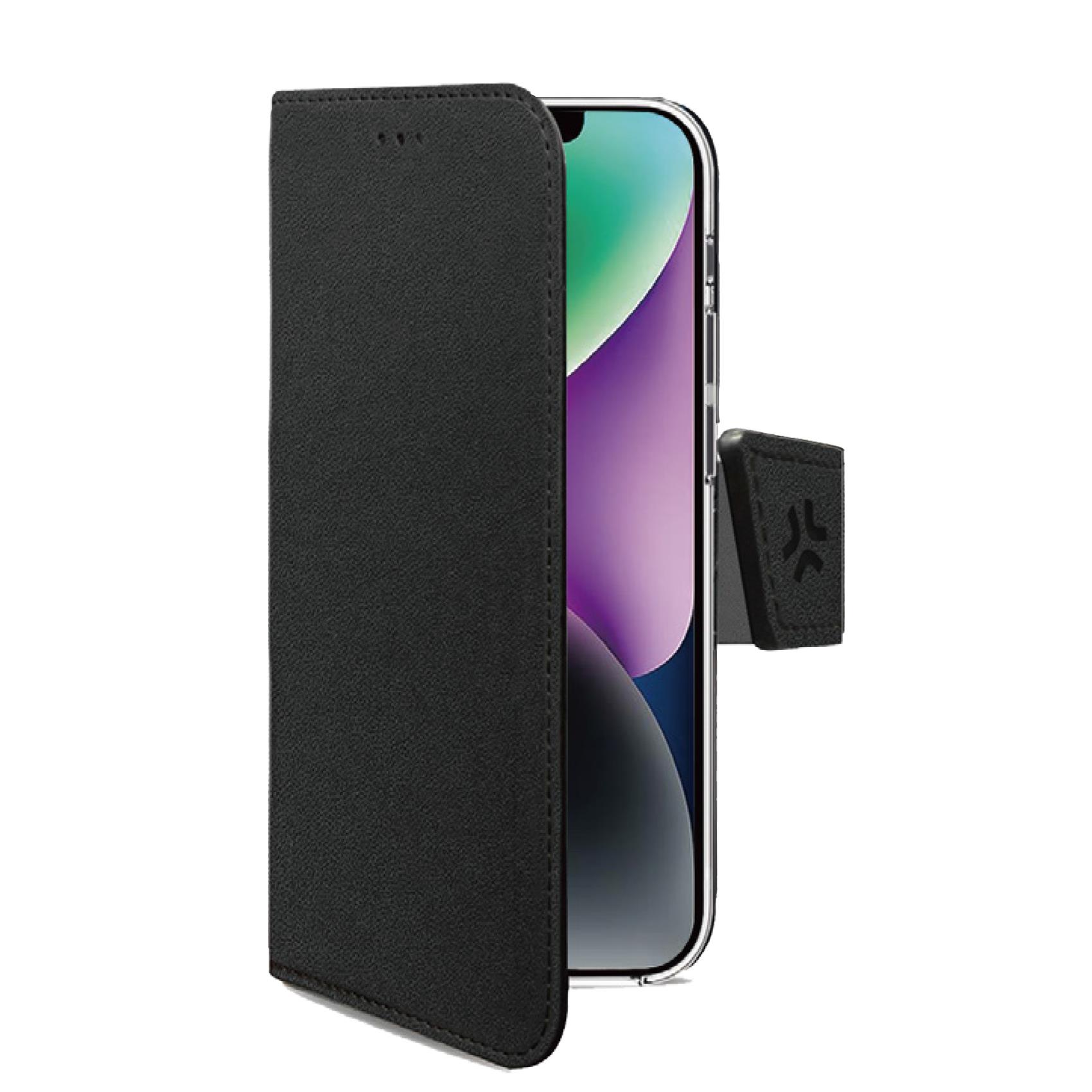 CELLY WALLY - Custodia a libro in pelle sintetica con chiusura flap magnetico, slot per carte e funzione stand colore nero compatibile con Apple iPhone 16e/ iPhone 17e